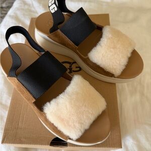 UGG Women’s Tan Suede Sandals with Cream Shearling and Black Straps